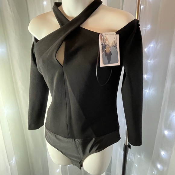 Badgley Mischka Bodysuit Cold Shoulder Black Sexy - Picture 5 of 6